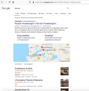 Lokale zoekopdracht naar een pizzeria in Google